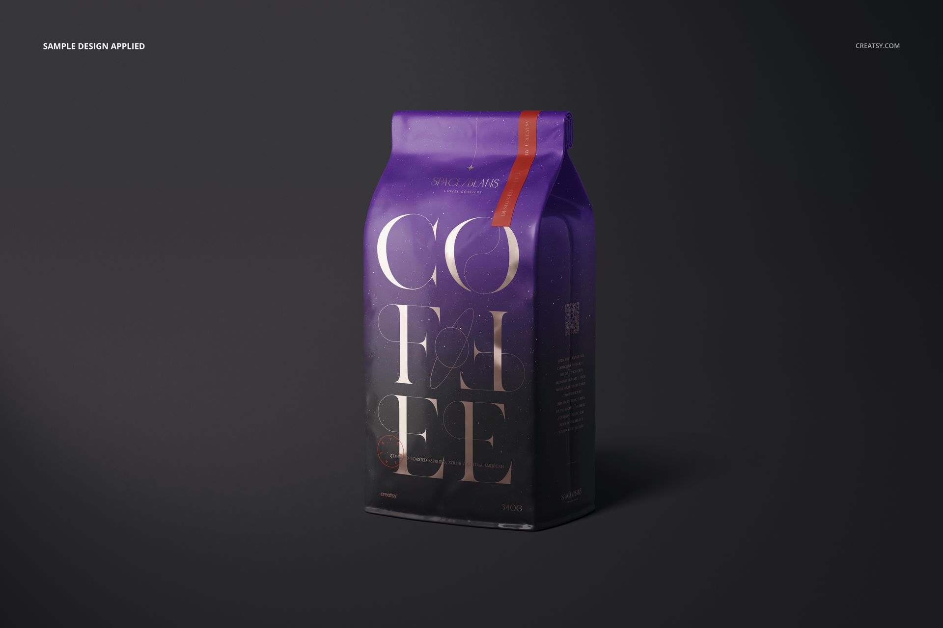 Glossy coffee bag mockup with a purple and black color scheme, front view, placed on a dark surface.