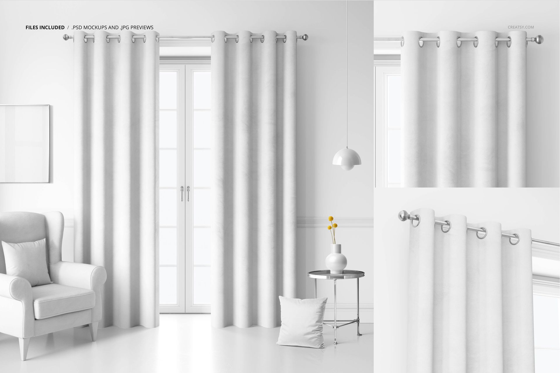 PSD mockup showing velvet eyelet curtains in a neutral tone, styled in a clean interior with simple furniture and decor.