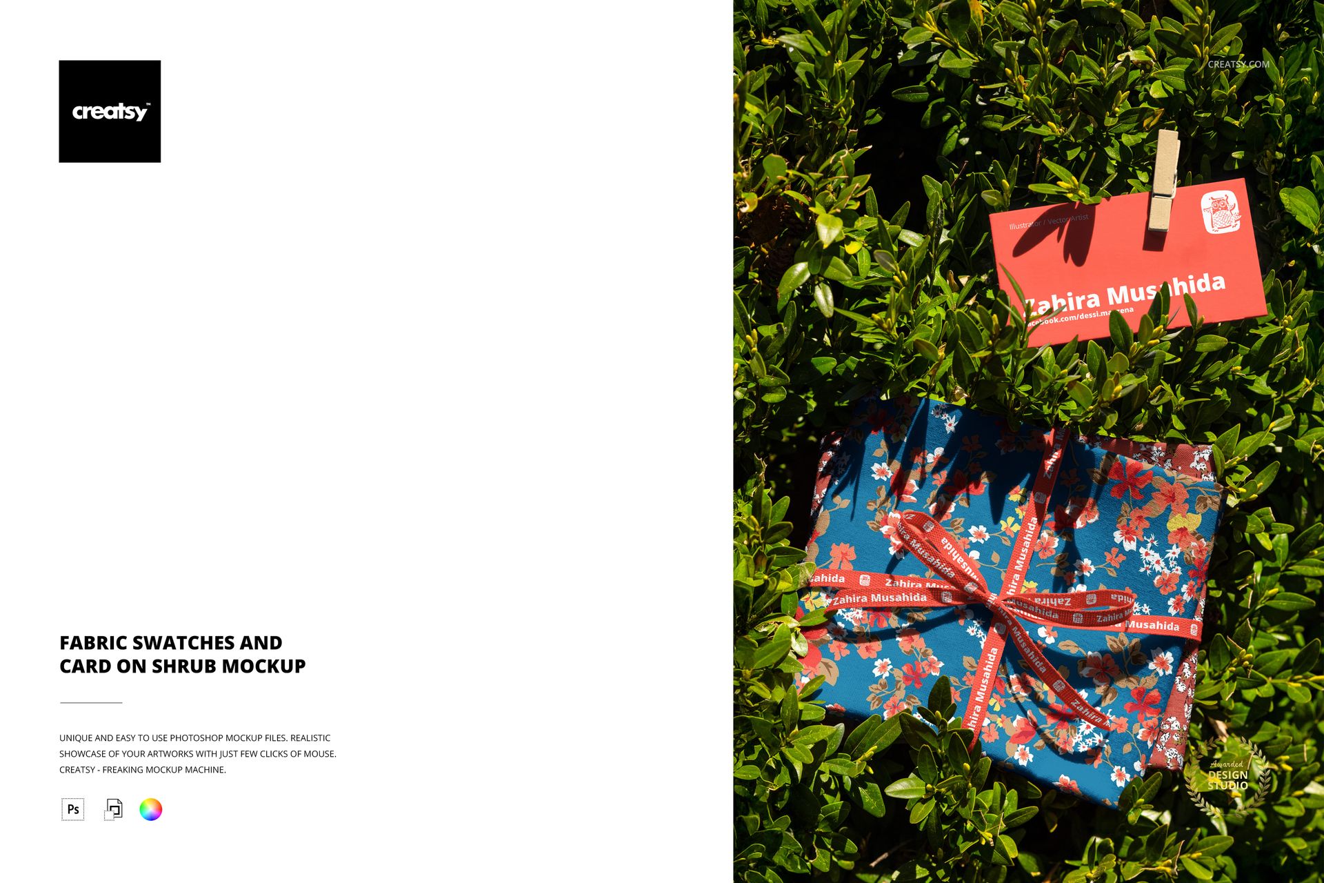 PSD mockup showing patterned fabric swatches and a red card resting on vibrant green shrub branches.