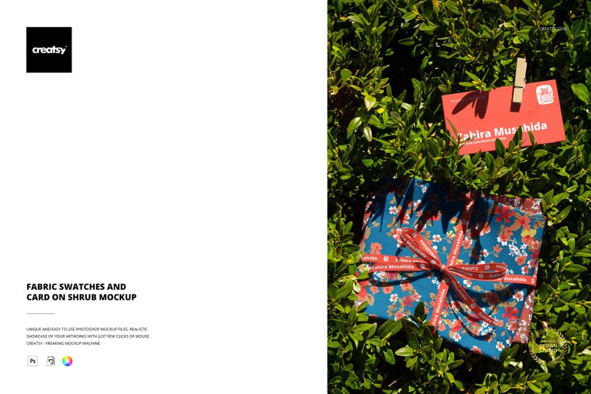Fabric Swatches and Card on Shrub Mockup - mockup screenshot 1