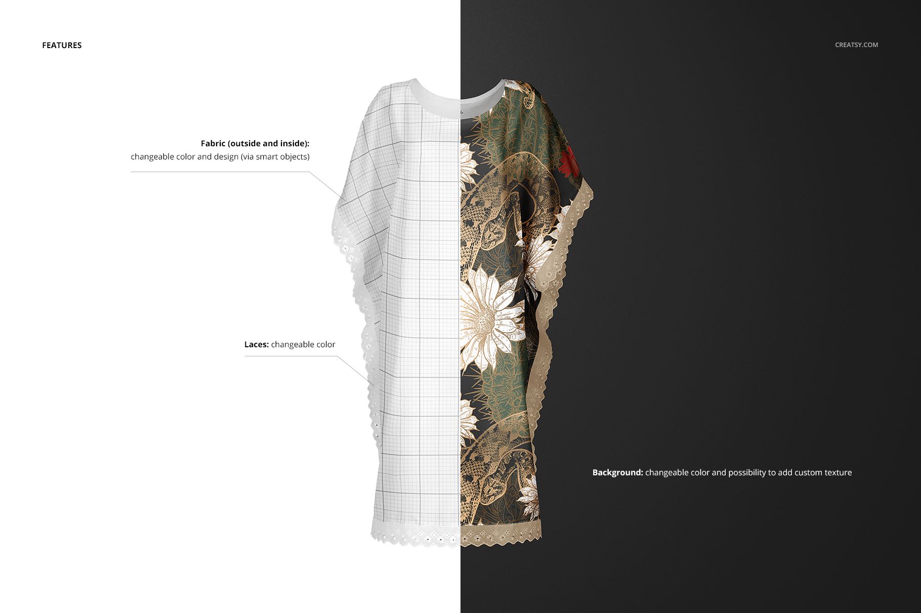 Front view of an adult kaftan mockup split in half, showing editable fabric and lace options with floral design on one side.