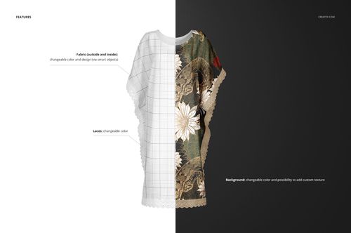 Front view of an adult kaftan mockup split in half, showing editable fabric and lace options with floral design on one side.