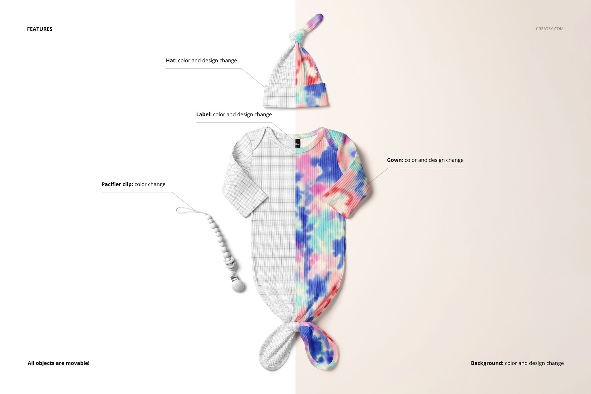 Baby ribbed knotted gown and matching hat mockup set displayed on a split background with a pacifier clip and label.