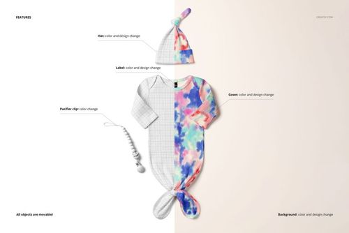 Baby ribbed knotted gown and matching hat mockup set displayed on a split background with a pacifier clip and label.