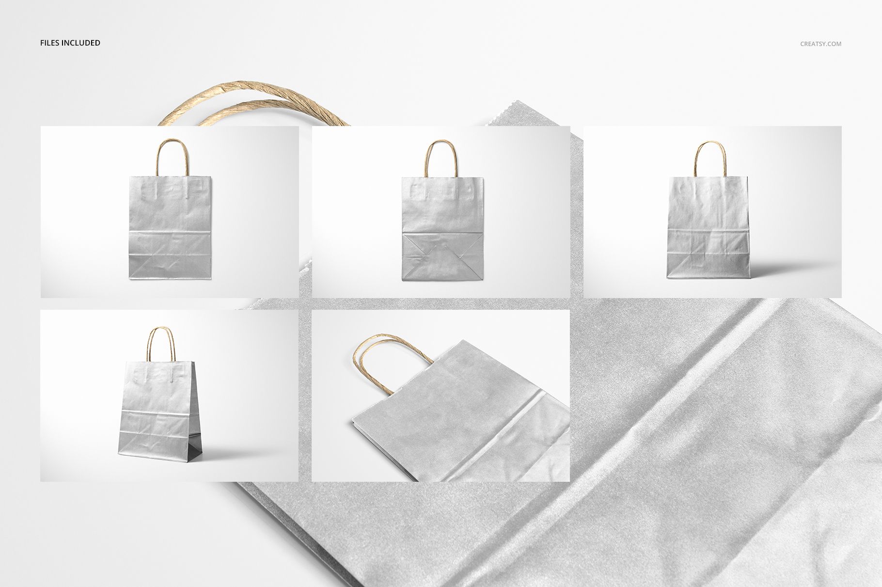 Metallic kraft paper shopping bag mockup set featuring silver bags with twisted handles in various perspectives.