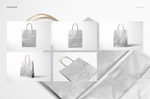 Metallic kraft paper shopping bag mockup set featuring silver bags with twisted handles in various perspectives.