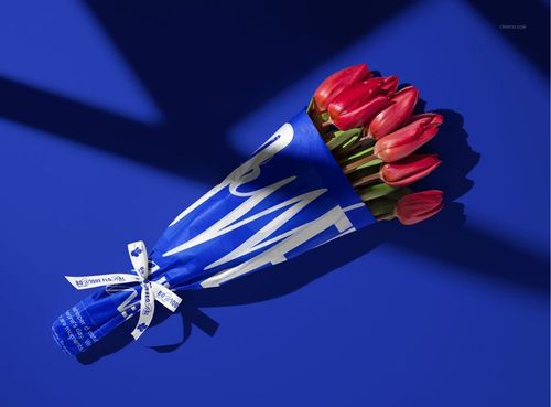 PSD mockup of tulips bouquet in blue wrapping paper and white ribbon, arranged on a vibrant blue tabletop.