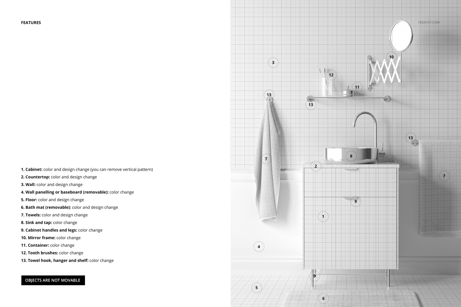 Bathroom wallpaper PSD mockup showing a modern sink, towel, shelves, and grid design in a minimalist setting.