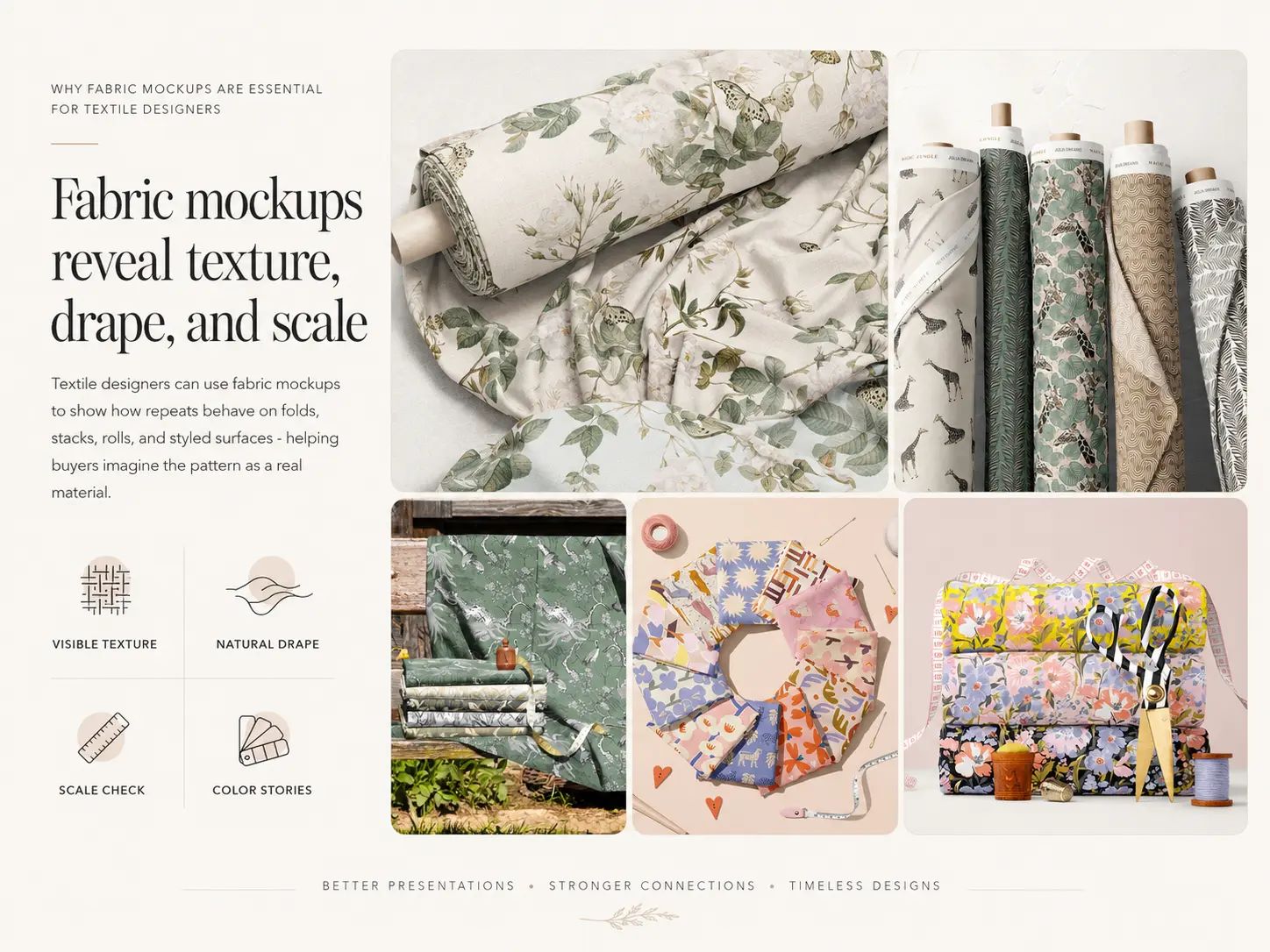 Fabric mockups of floral patterns on rolled textiles, draped cloth and a fanned colour-story swatch set