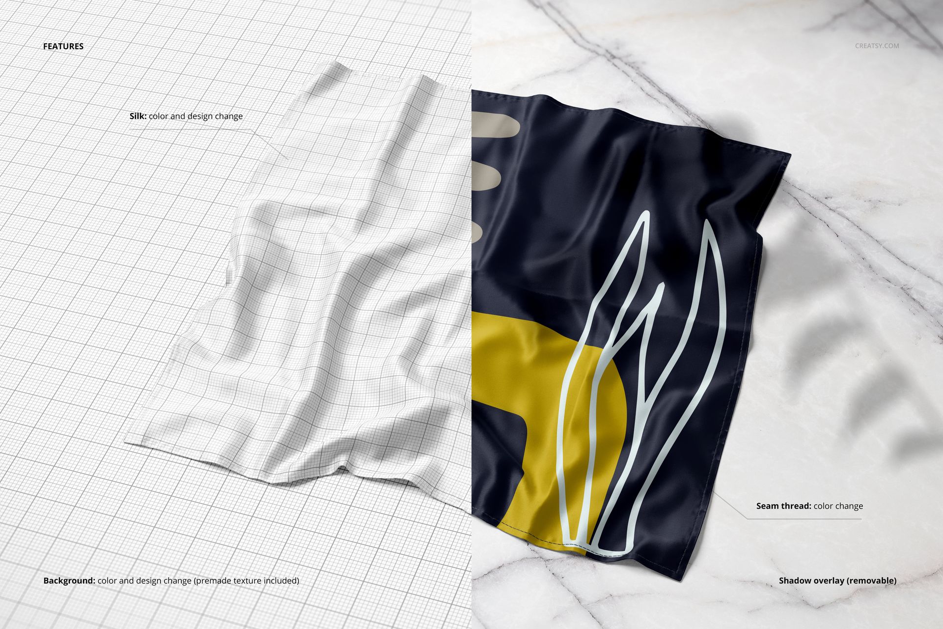 Square silk scarf mockup displayed on a grid background, showing a fabric with abstract navy, yellow, and white pattern.