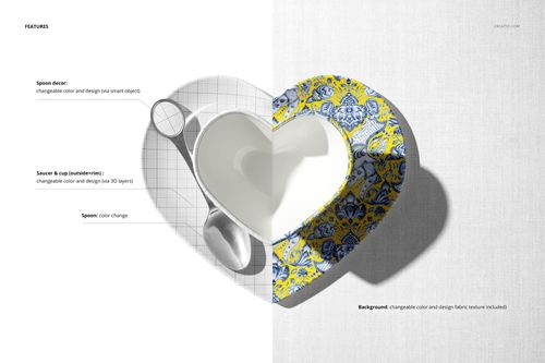 Heart-shaped cup and saucer mockup shown from top view, split design with white and blue-yellow patterned decor.