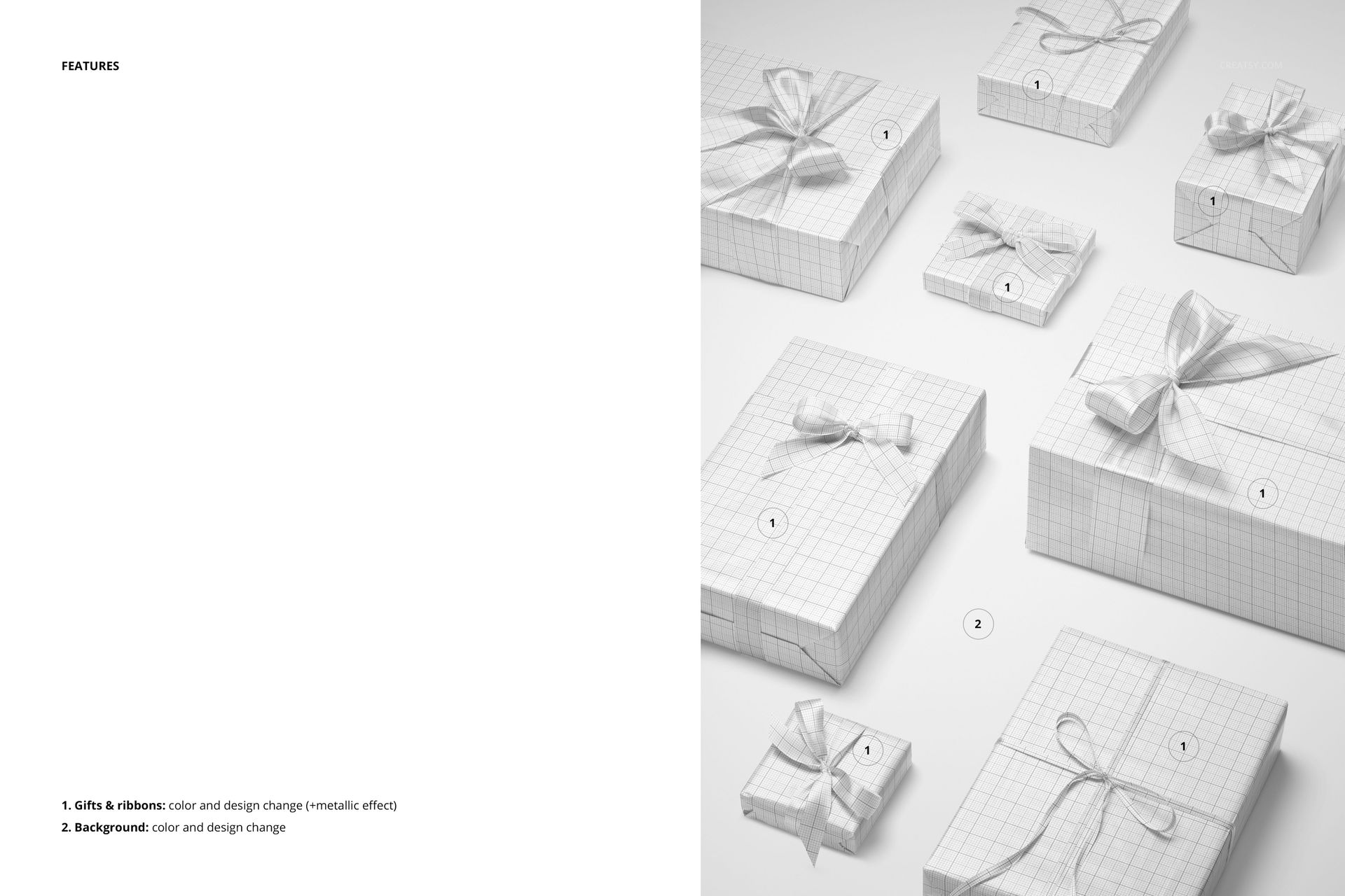 Group of eight rectangular and square gifts wrapped in patterned paper, each with a unique ribbon, shown in a PSD mockup.