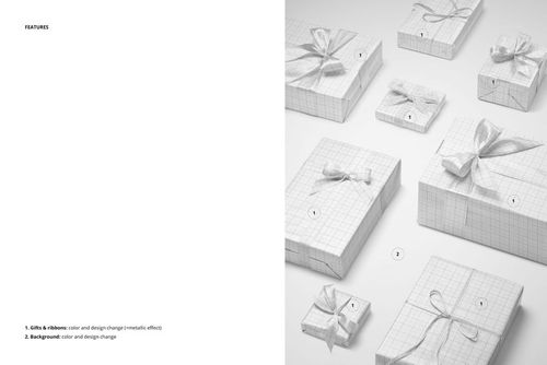 Group of eight rectangular and square gifts wrapped in patterned paper, each with a unique ribbon, shown in a PSD mockup.