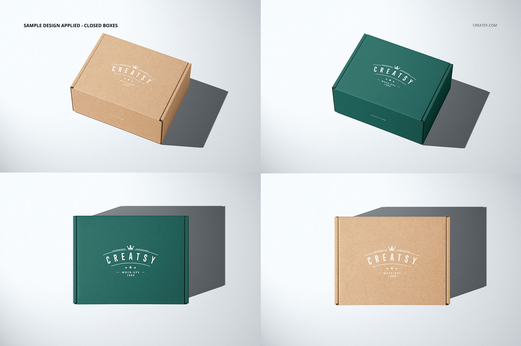 PSD mockup of rectangular packaging boxes in two colors, arranged in a grid layout with distinct shadows.