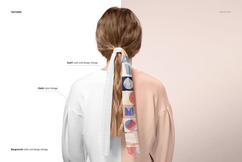 Long chiffon silk scarf mockup tied around a model’s ponytail, featuring geometric patterns and soft pastel colors.