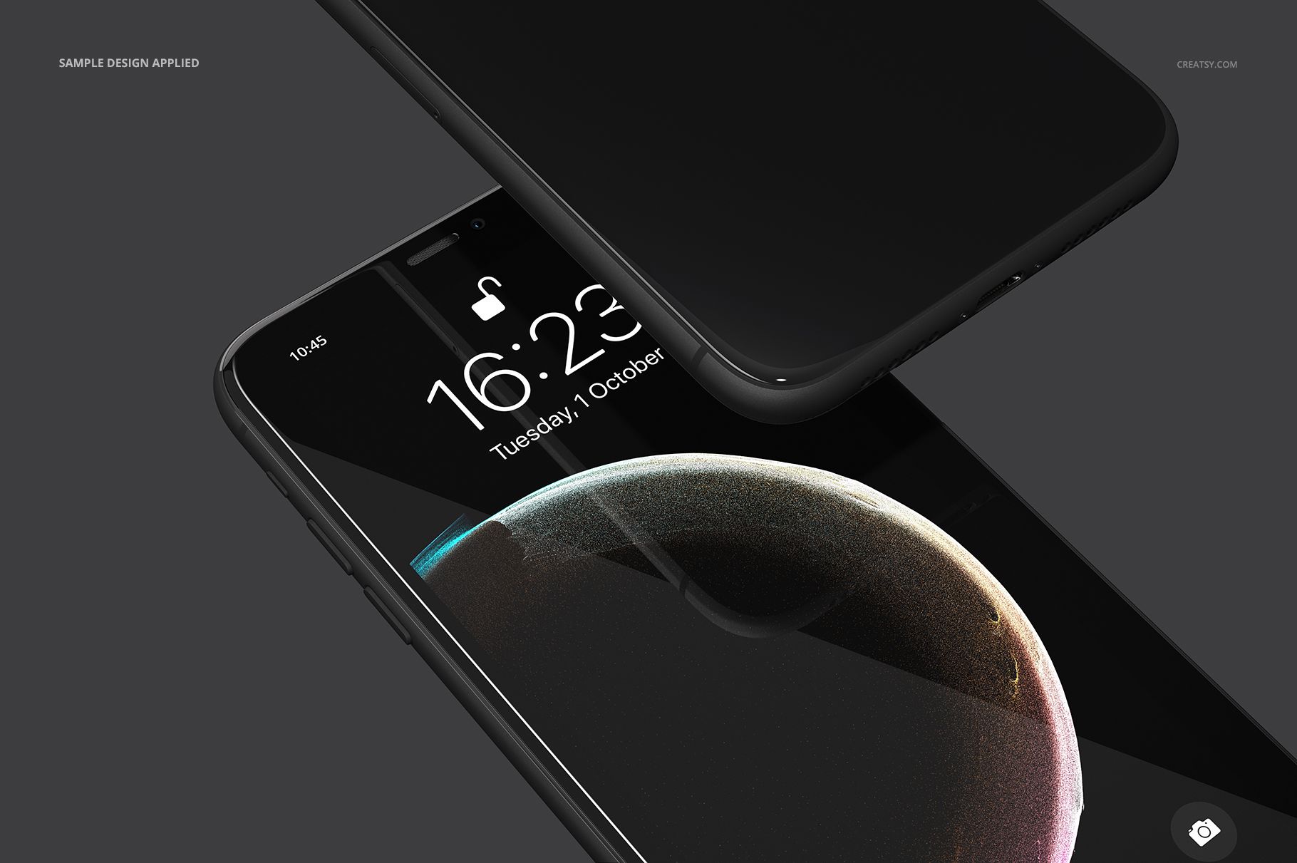 Detailed mockup of iPhone 11 screens featuring custom time and date display, set against a solid dark backdrop.