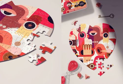 Heart puzzle mockup featuring vibrant geometric artwork, displayed in a flat lay with loose pieces and decorative items.