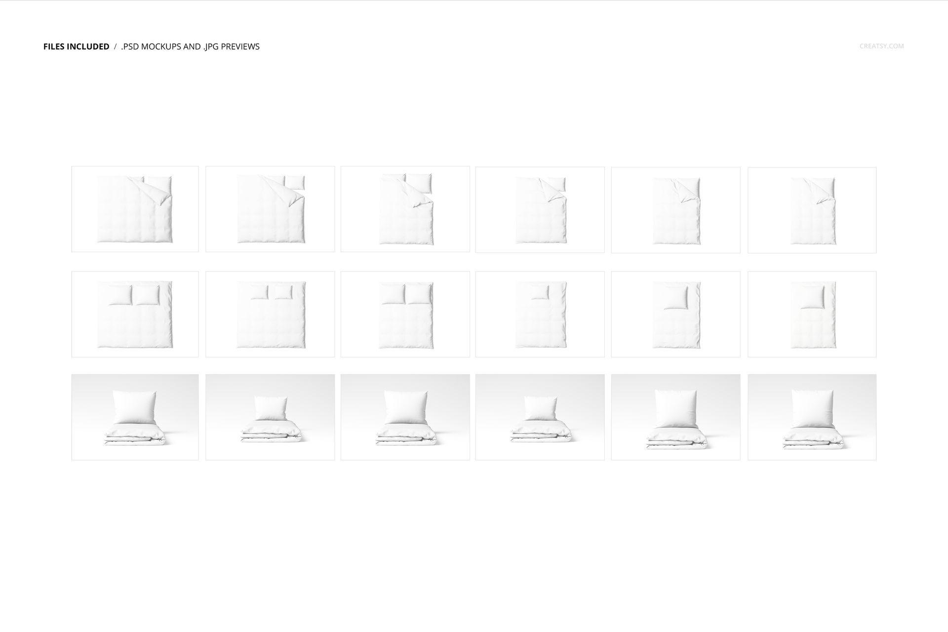 Set of bedding mockup images in various sizes, showing white comforters and pillows from top and front views.