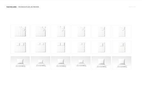 Set of bedding mockup images in various sizes, showing white comforters and pillows from top and front views.
