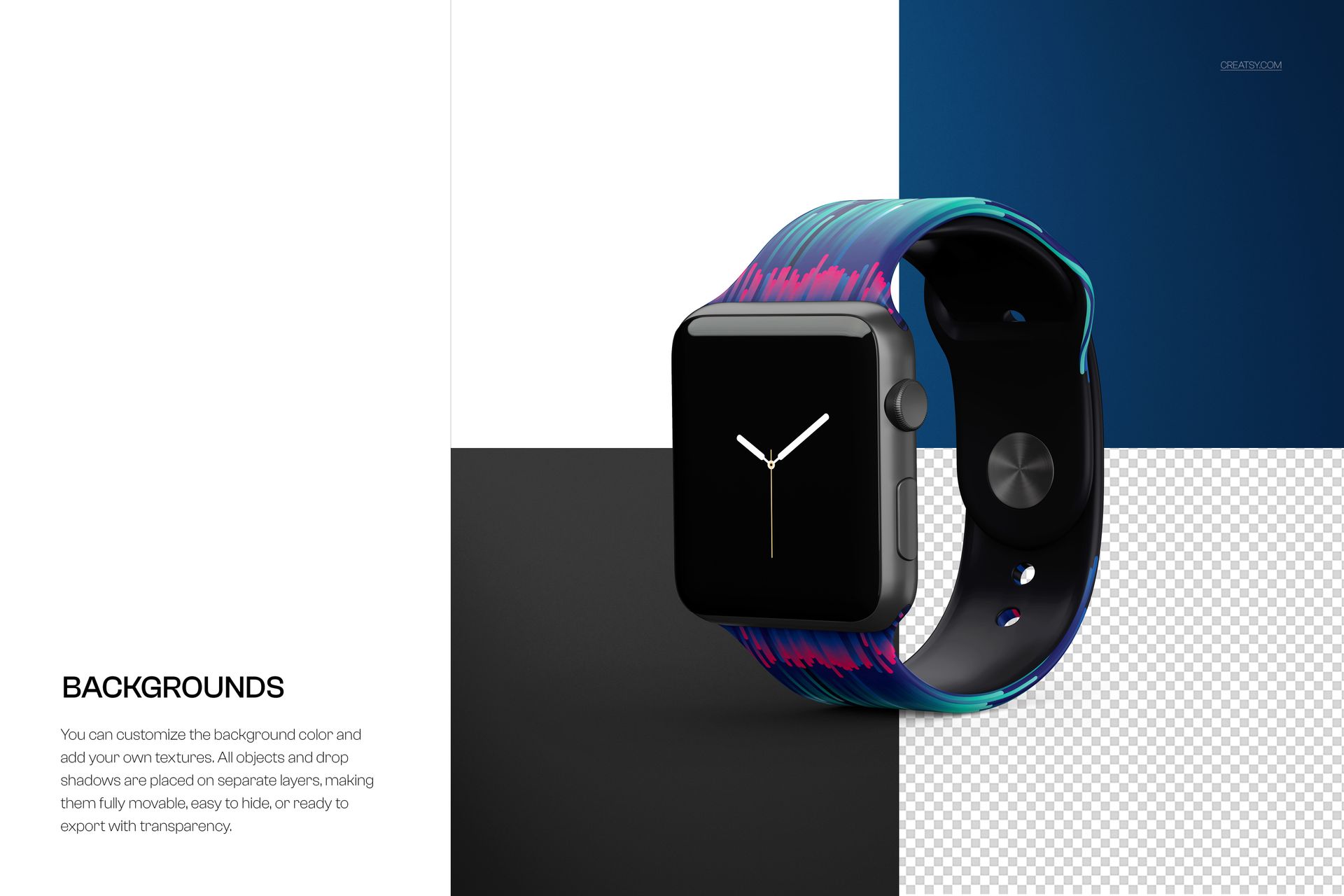 Apple Watch band mockup featuring a colorful patterned band on a black watch, shown at an angle with a split background.