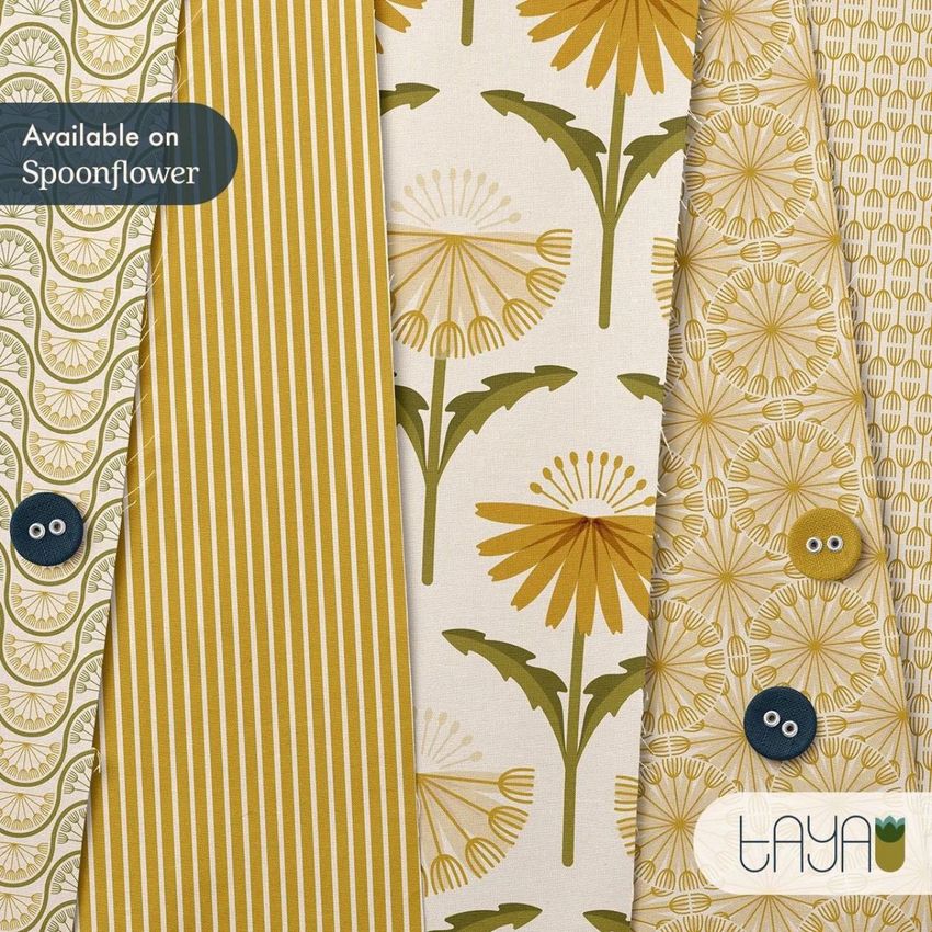 Cotton fabric sample mockup showing four fabric swatches with yellow and green dandelion-inspired patterns, buttons, and a text overlay.