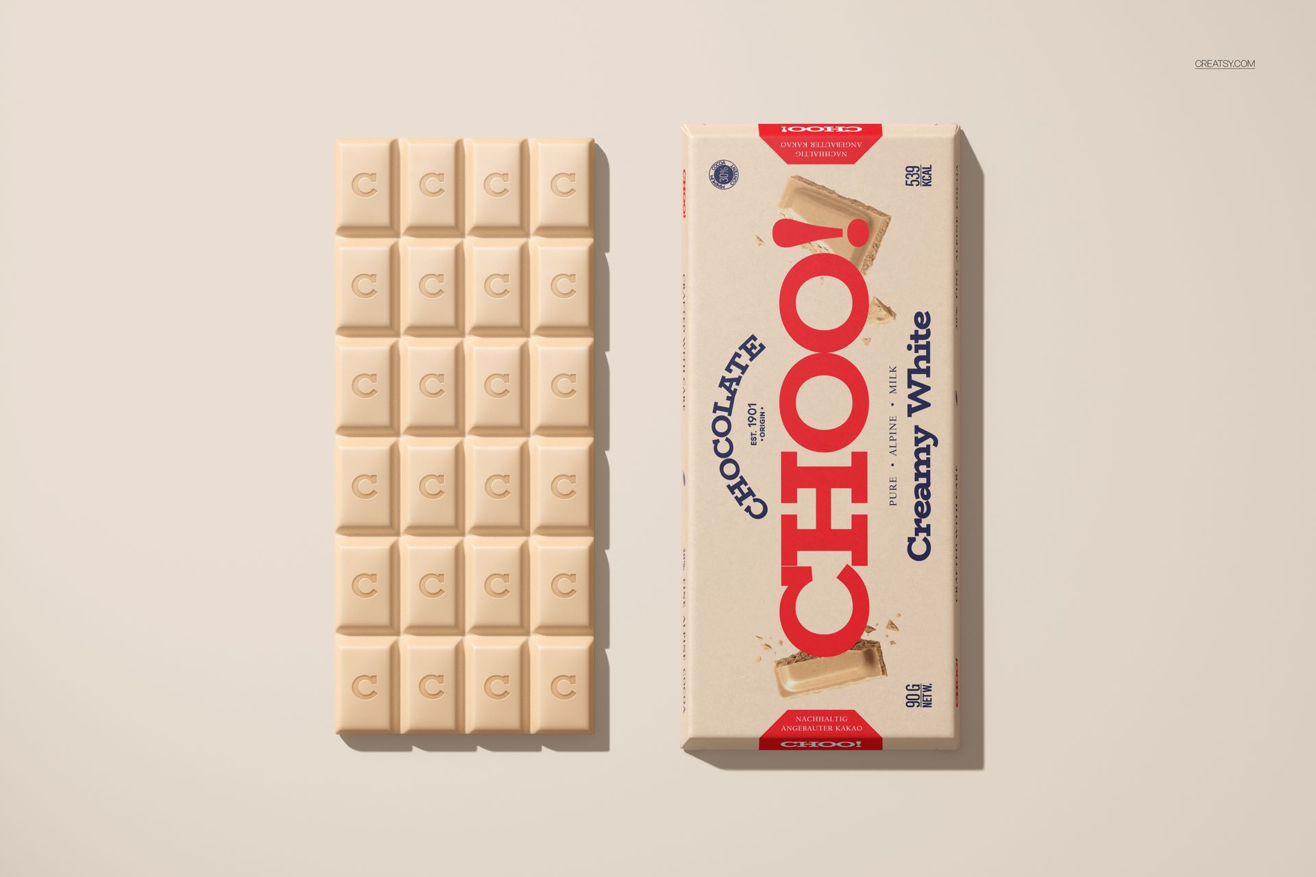 Front view of a trapezoidal chocolate bar folding box mockup next to a creamy white chocolate bar on a beige surface.
