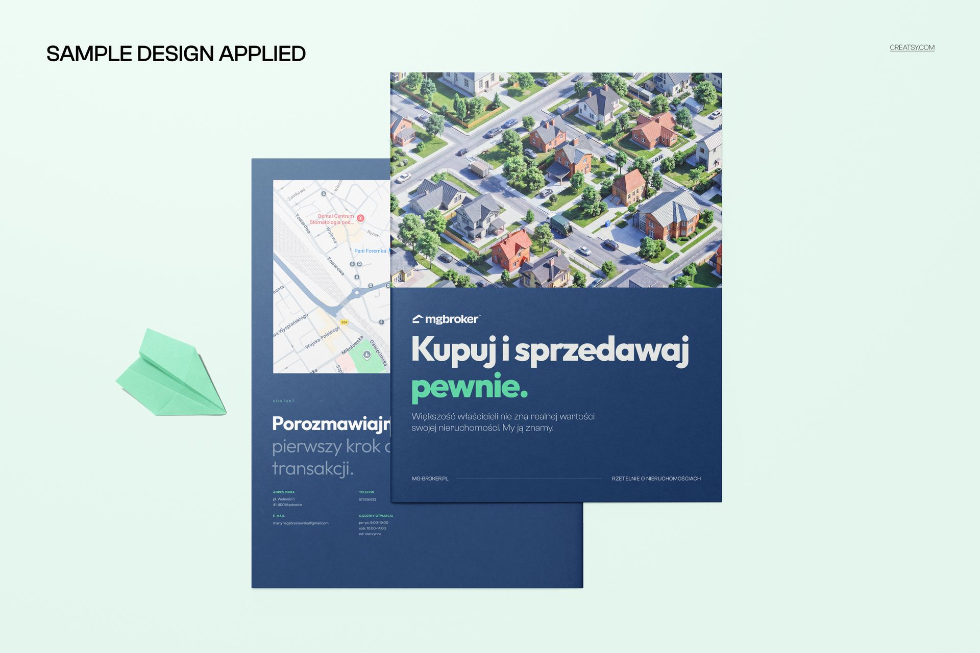 Two company brochure mockups displayed side by side, one featuring a map design and the other a green and blue cover.