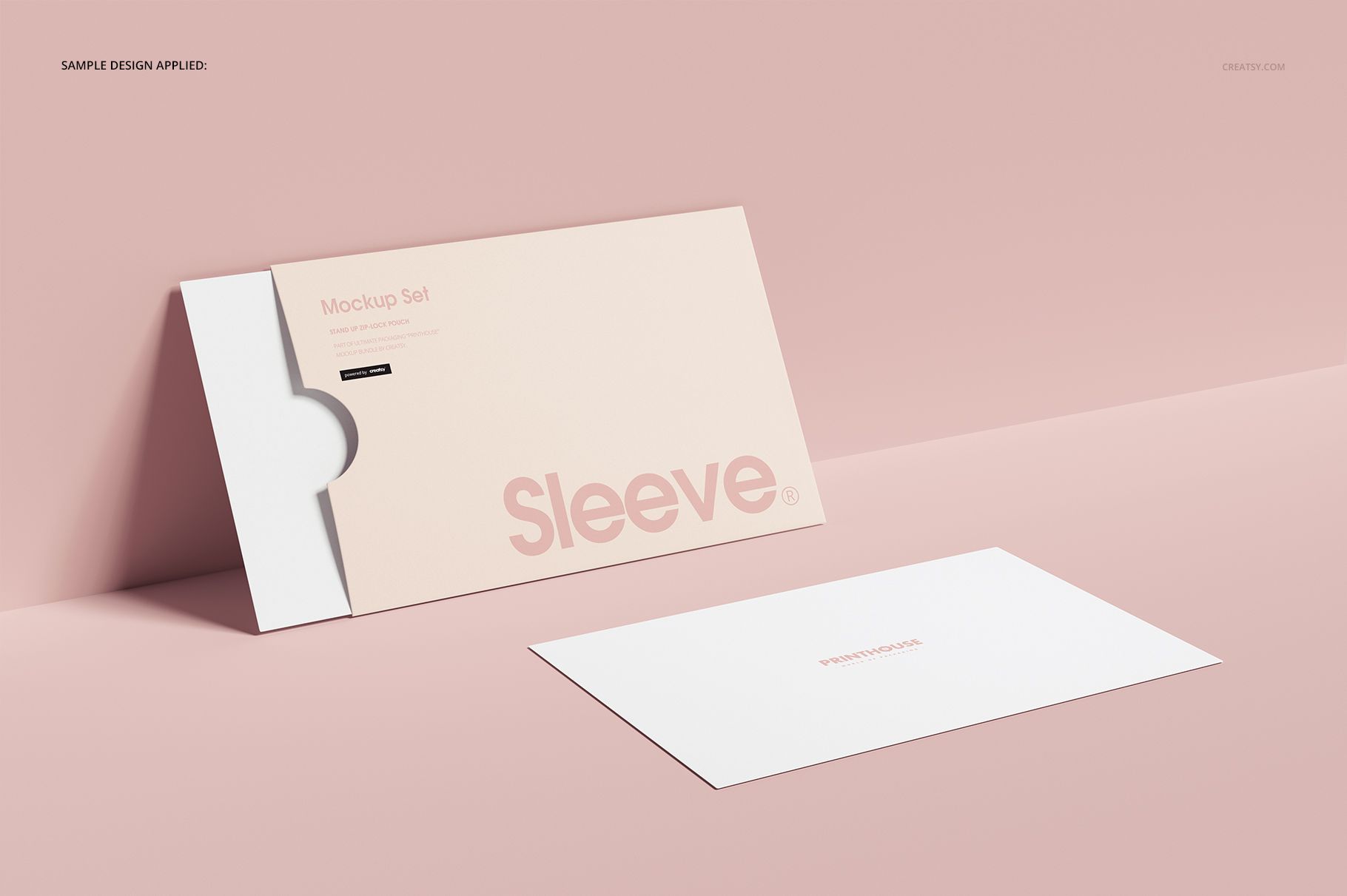 Collateral sleeve mockup and matching card shown on a soft pink background with clean, simple design elements.