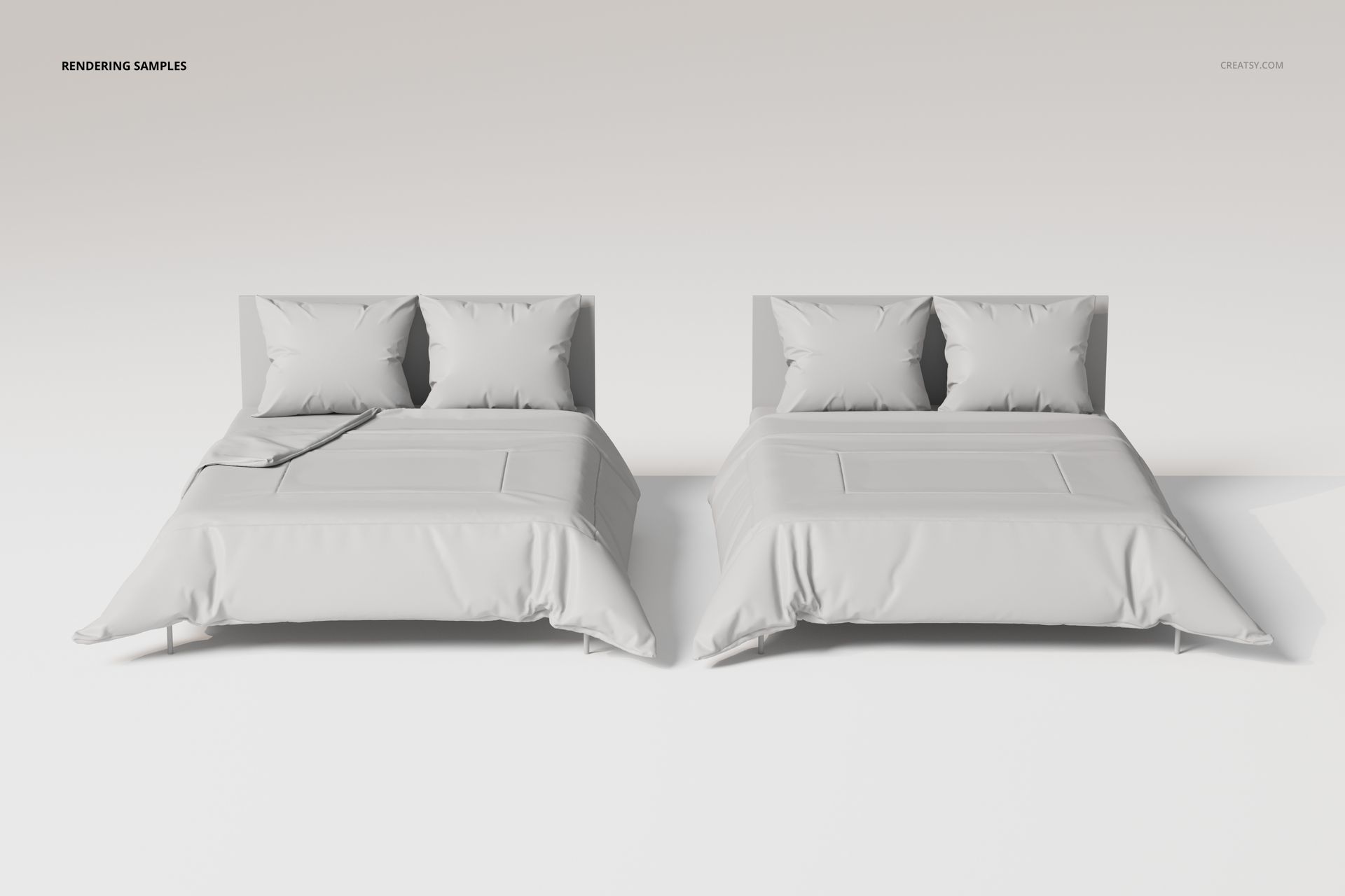 Front view of two modern bedding sets in light gray, each with pillows and duvets, placed side by side on a plain background.