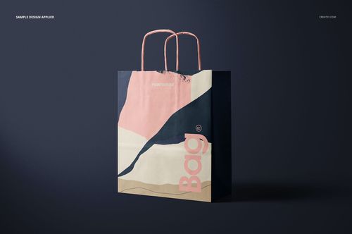 Twisted handle paper bag mockup shown at an angle, decorated with wavy pastel shapes and bold text on the side.