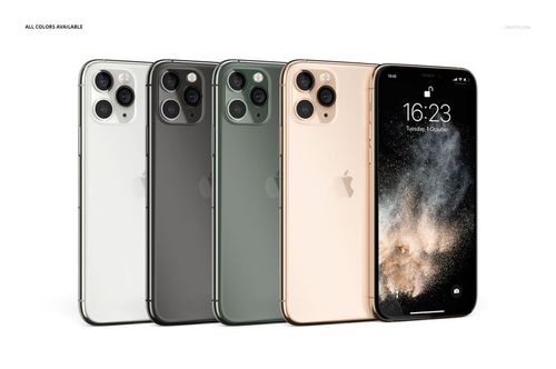 iPhone 11 Pro mockup set featuring silver, gray, green, and gold models, arranged in a row with visible front displays.