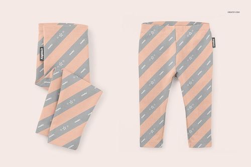 Front view of baby leggings mockup with diagonal peach and gray stripes, displayed on a light background.