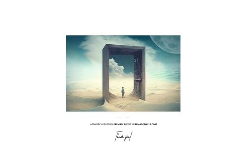 Vinyl record cover mockup featuring a surreal scene with a person standing in sand before a large open door and cloudy sky.