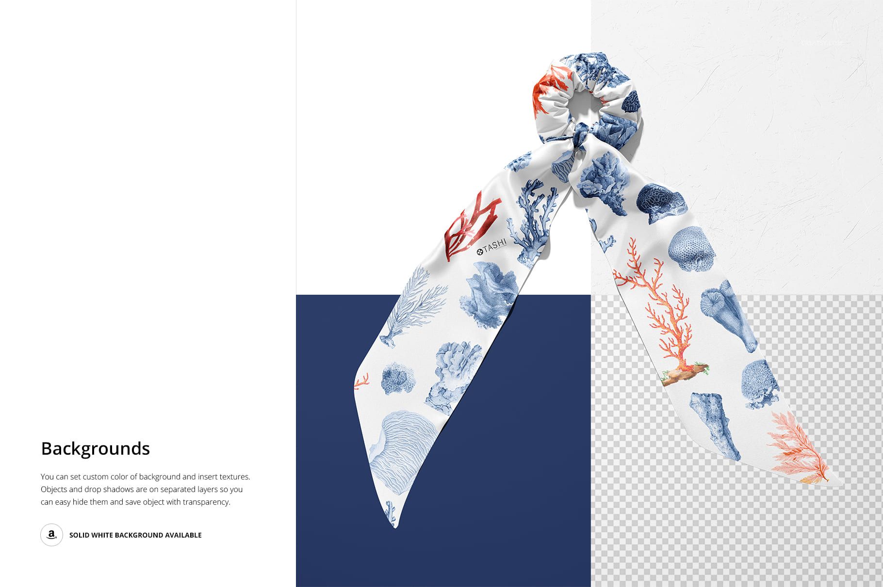 Scrunchie scarf with long tails featuring a blue and coral sea life pattern, displayed on a layered mockup background.