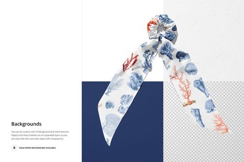 Scrunchie scarf with long tails featuring a blue and coral sea life pattern, displayed on a layered mockup background.