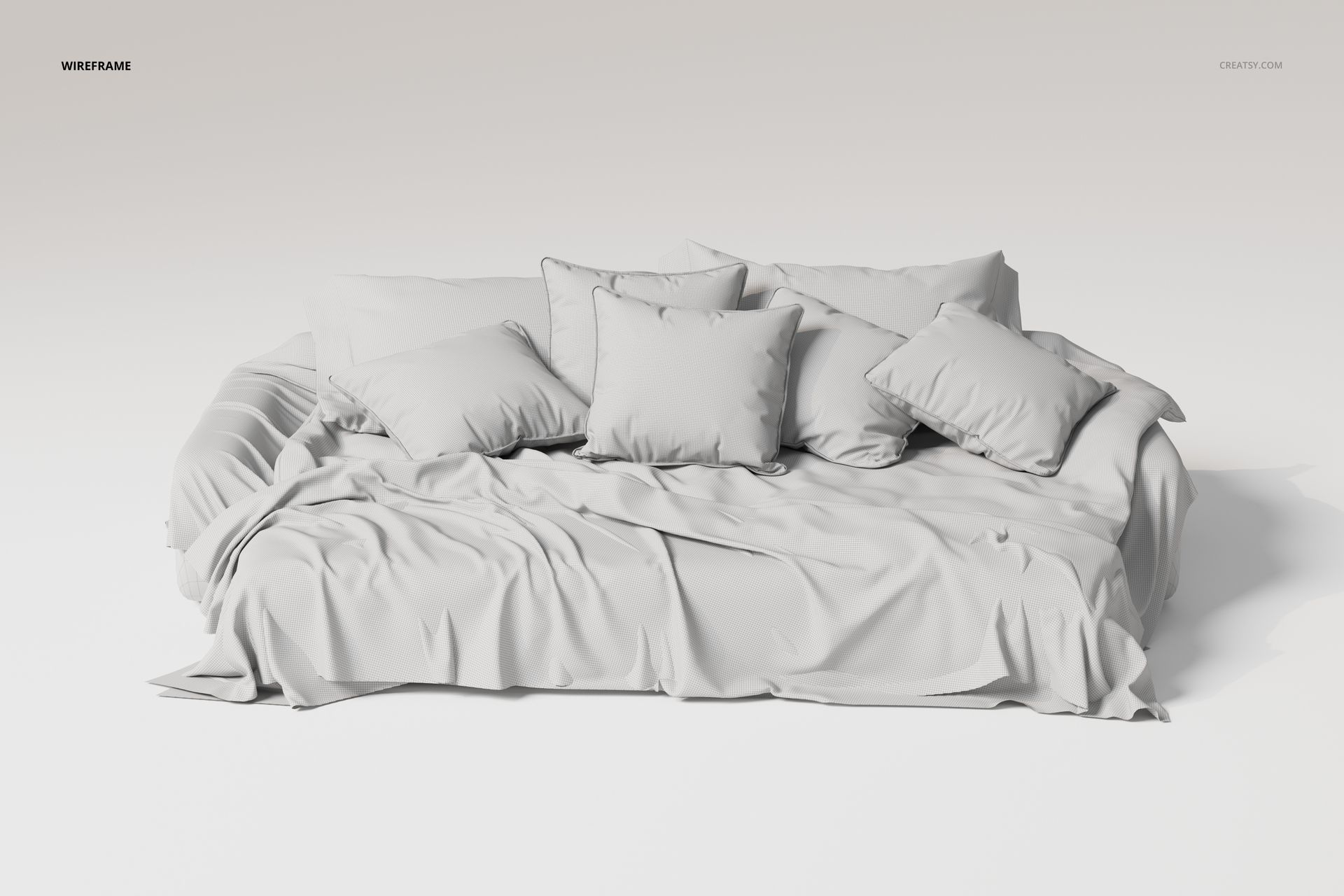 Front view of a luxury bedding set 3D model with multiple pillows and a rumpled blanket in neutral tones.