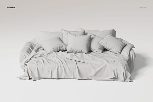 Front view of a luxury bedding set 3D model with multiple pillows and a rumpled blanket in neutral tones.