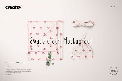 Swaddle set mockup featuring a folded blanket, baby hat, and headband with floral design, arranged on a pale background.