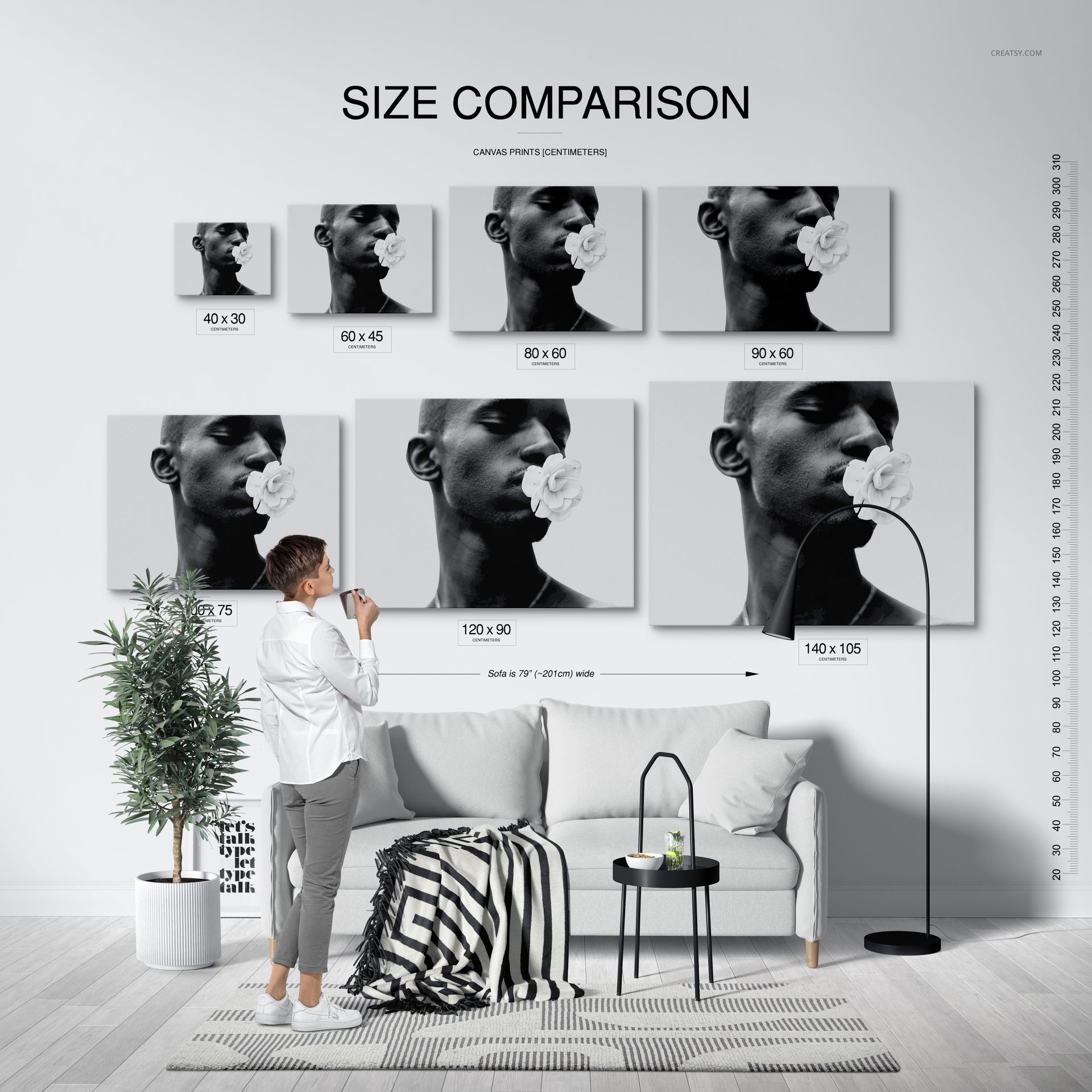 Canvas print size comparison mockup showing six wall art formats above a modern sofa, with a person for scale.