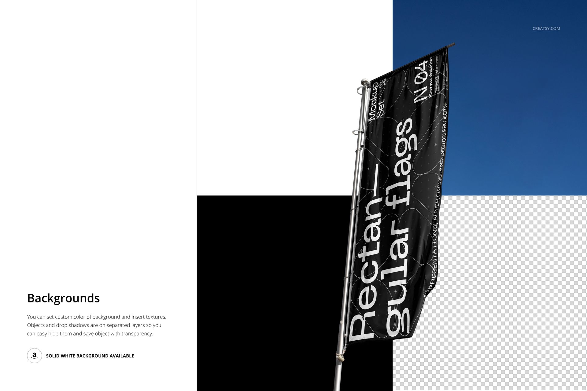 Rectangular flag mockup shown on a tall metal pole, featuring bold text and a split black, white, and transparent background.