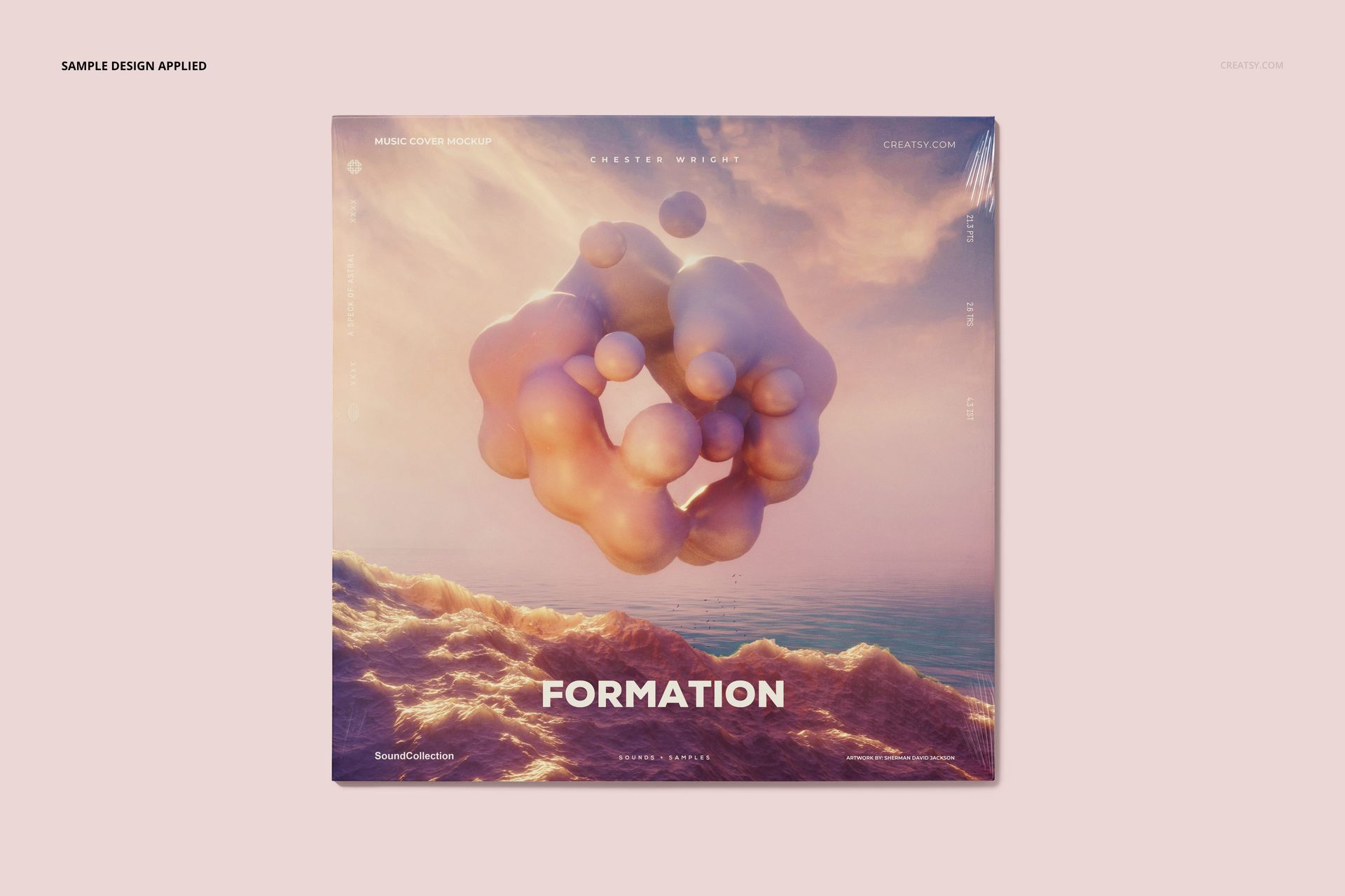 Front view of a colored vinyl record mockup featuring abstract artwork with floating spheres and a pastel landscape.