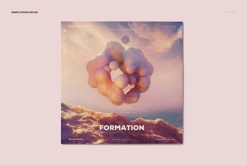 Front view of a colored vinyl record mockup featuring abstract artwork with floating spheres and a pastel landscape.