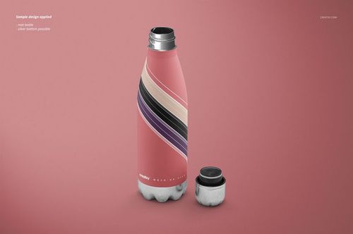 Double wall vacuum stainless steel bottle mockup featuring a pink and striped design, displayed with its cap off.