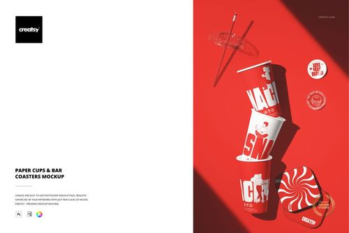 PSD mockup showing paper cups and bar coasters with graphic patterns, laid out on a red tabletop, top perspective.