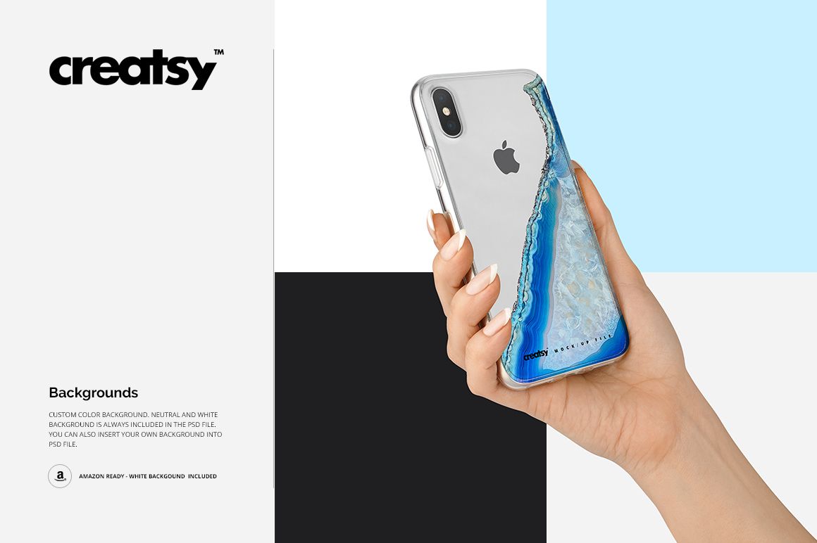 PSD mockup of a clear iPhone X case with blue mineral artwork, held in hand against a minimalist color block background.
