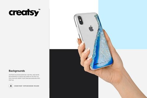 PSD mockup of a clear iPhone X case with blue mineral artwork, held in hand against a minimalist color block background.