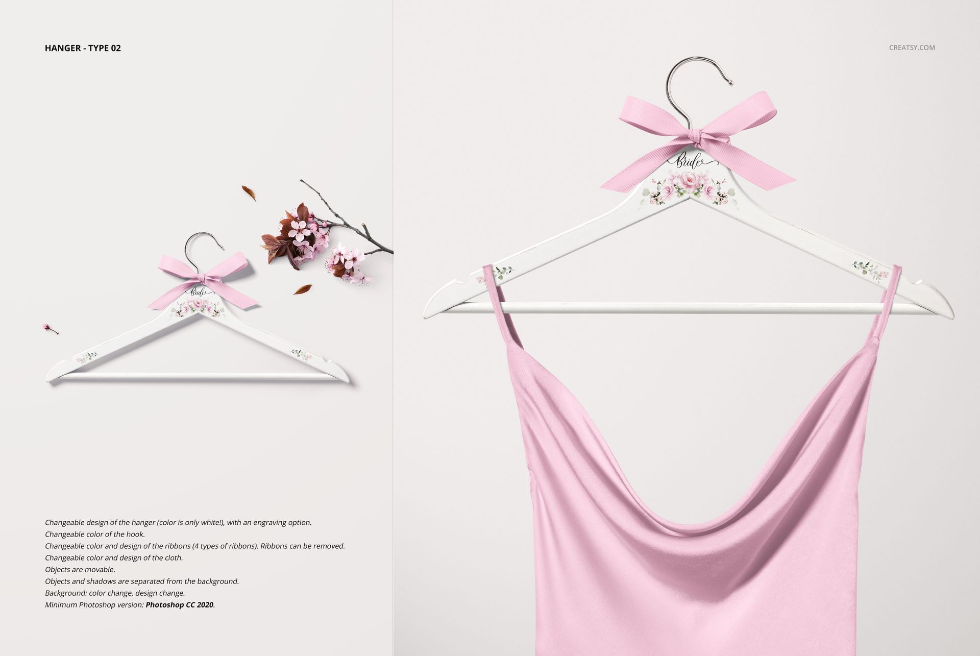 PSD mockup featuring a white hanger with floral accents and pink bow, displaying a pastel pink garment against a neutral backdrop.