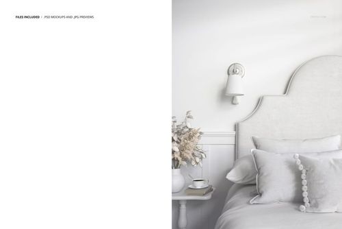 Neutral-toned bedroom mockup featuring a soft headboard, accent pillows, and dried floral arrangement on a bedside table.