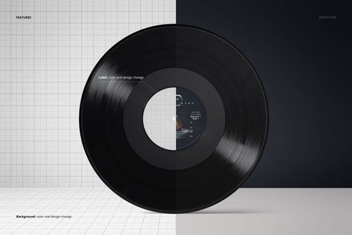 Front view of a black vinyl record mockup, positioned upright against a half-grid, half-dark gradient background.