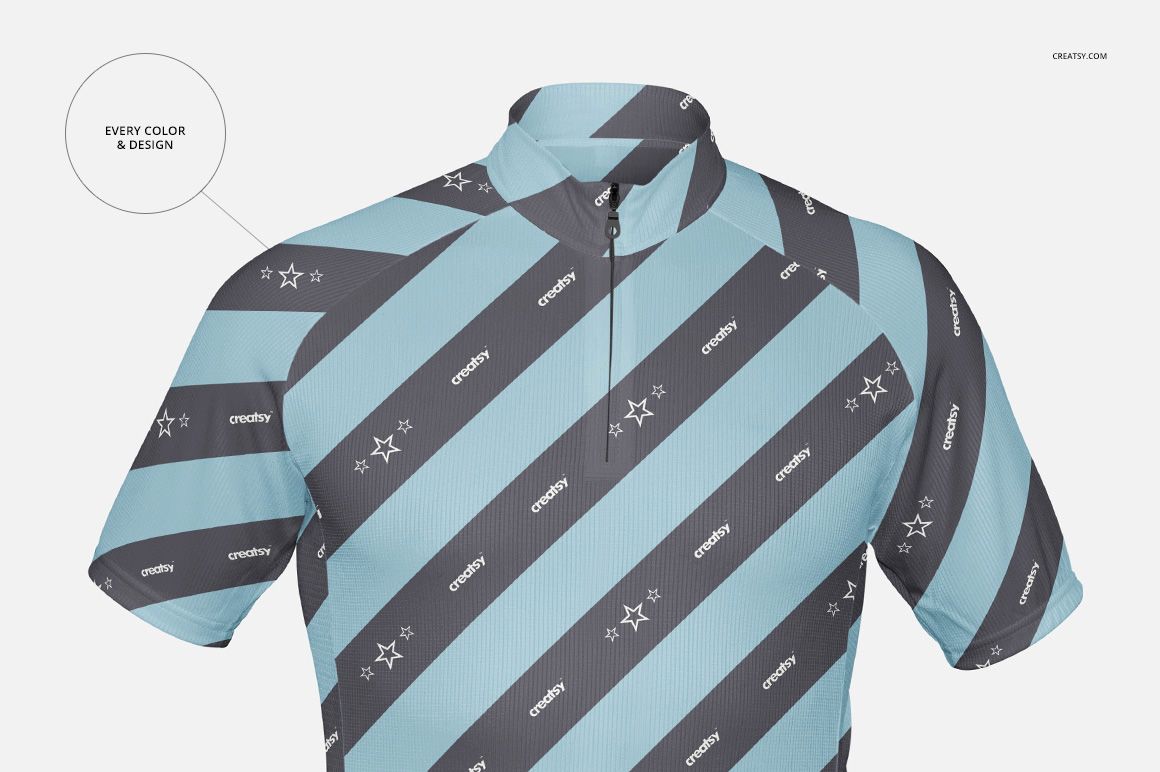 Front view of a short-sleeve bike jersey mockup with diagonal blue and gray stripes and star patterns on a plain background.